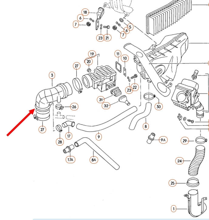Inlaat verbindingsbuis tussen spruitstuk en luchtvolumemeter 043129617A