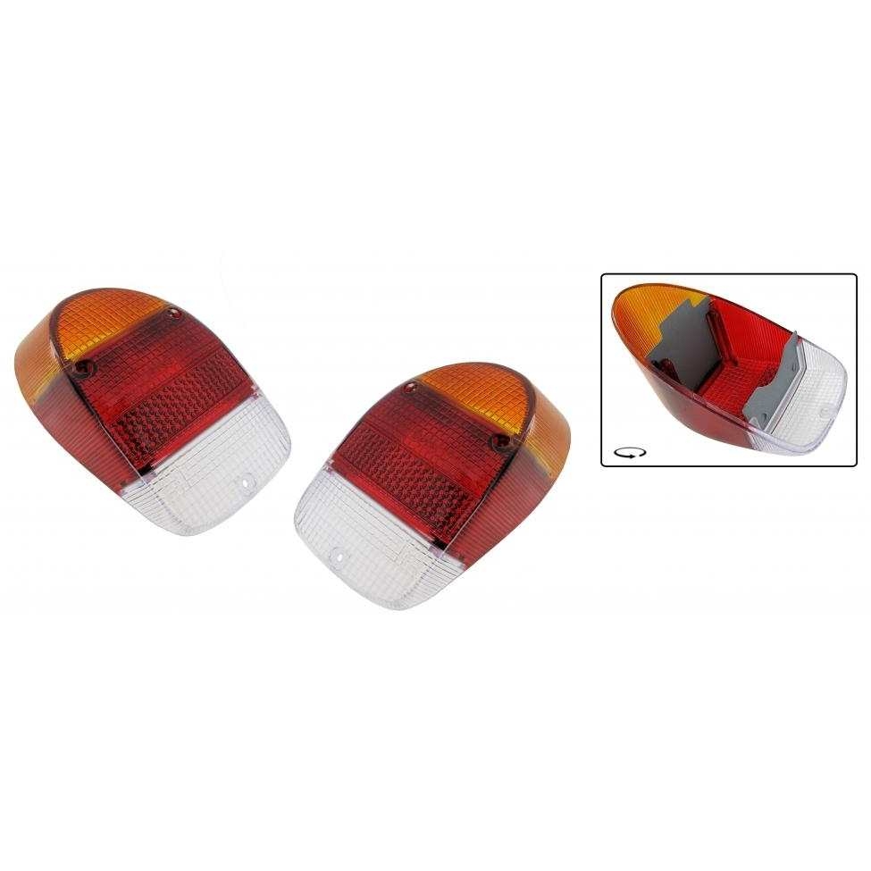 Achterlicht lens Europees  oranje/rood/wit (Set). Kever 1300-1500-1302 8/1967 T/M 7/1973 111945241M