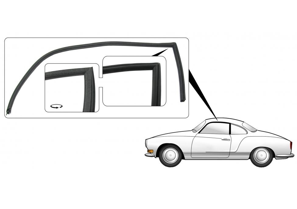Deurrubber rond deurruit links. Karmann Ghia 8/1971 en later coupe 143845211B