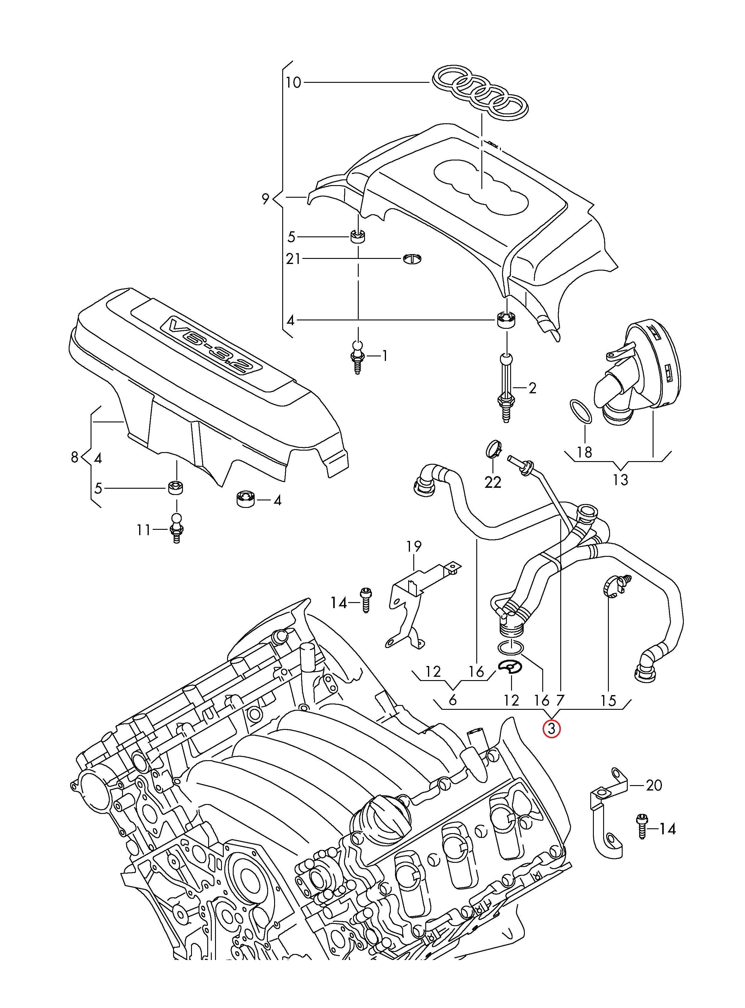 Slang, ontluchting motorblok 3.2 FSI (incl. quattro) 06E103217M 