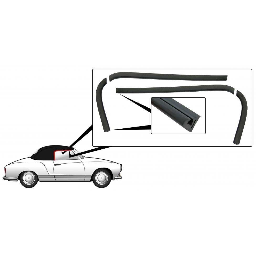 Deurrubber rond deurruit links + rechts (4-delig). Karmann Ghia cabriolet 141871925A