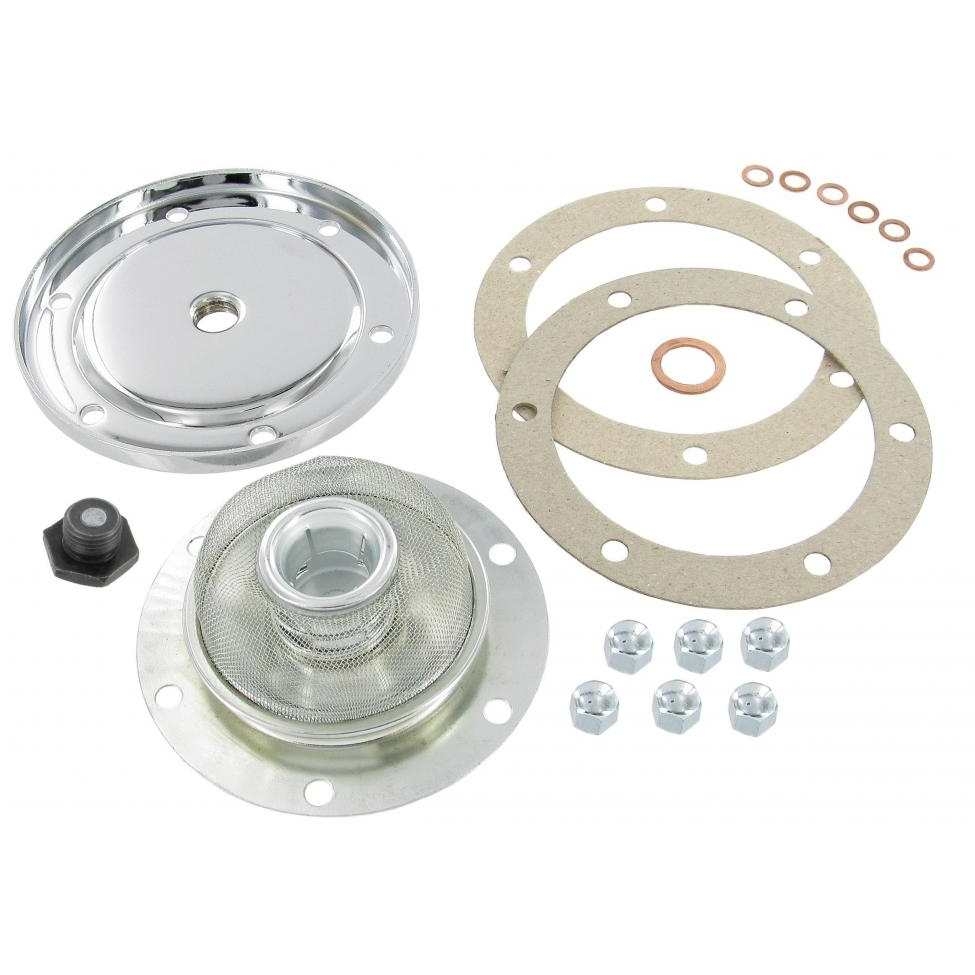 Carterdeksel set met magnetische aftapplug chroom. Type 1 motoren 8/1969 en later. Type 3 motoren 8/1969 en later. CT/CZ 