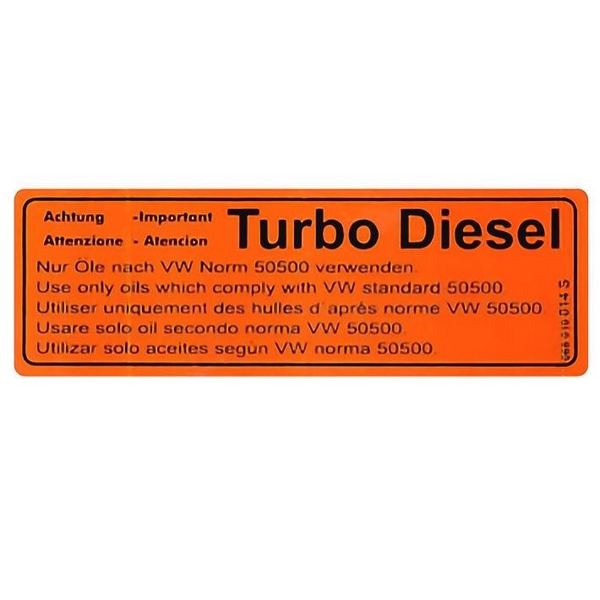 Sticker - Kleppendeksel olie specificatie  Oranje T3 bus 068010014S